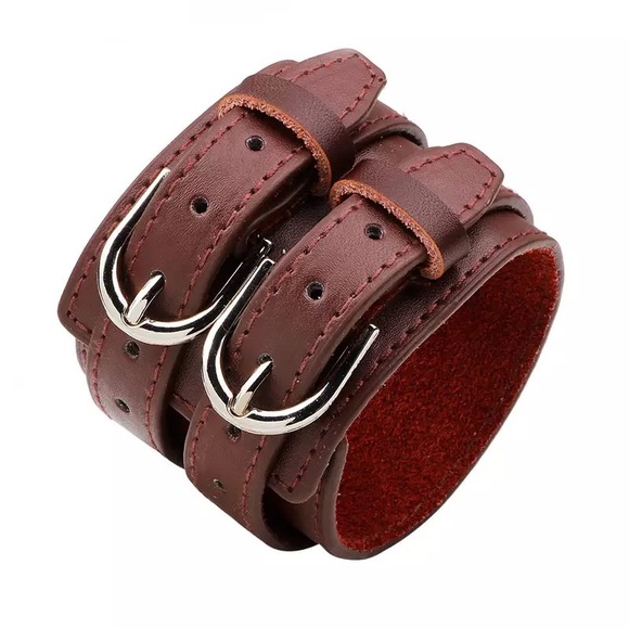 Fashion Double Belt Leather Cuff Bracelet - Picture 2 of 4
